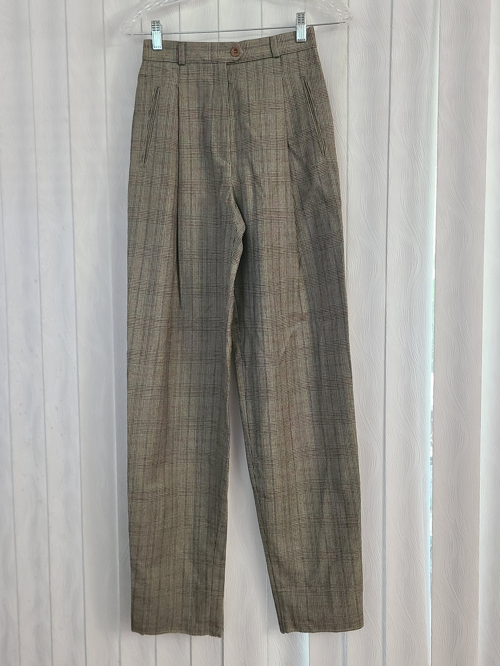 Bernard Zins Paris XS Plaid Wool Front Pleats Raw Hem Preppy High Waist Trouser